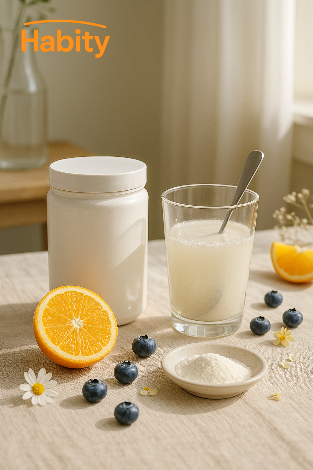 Habity collagen and skin nutrition supplements lifestyle image with unlabeled collagen jar, collagen powder in glass, vitamin C rich oranges, blueberries, and natural sunlight