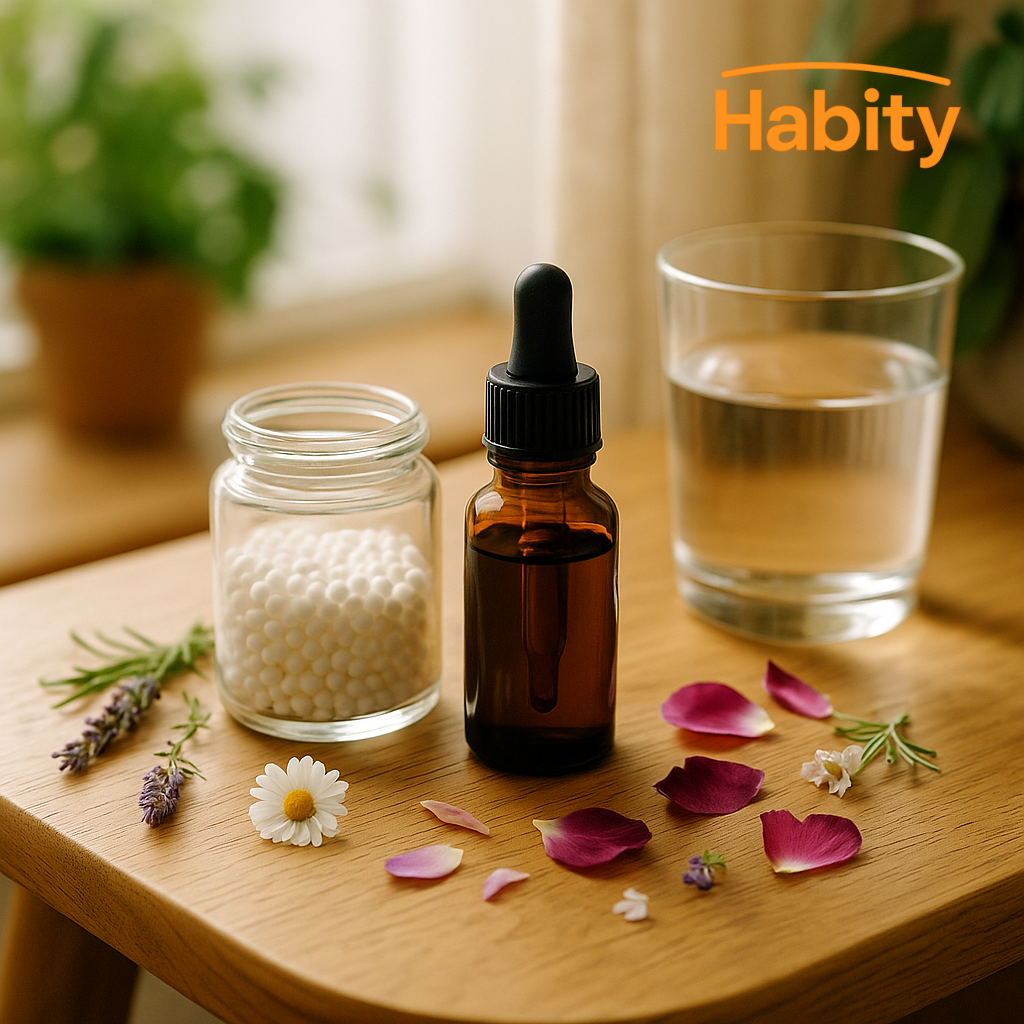 Habity homeopathy and flower essences lifestyle image with glass dropper bottle, white pellet jar, fresh flower petals, and glass of water on sunlit wooden table