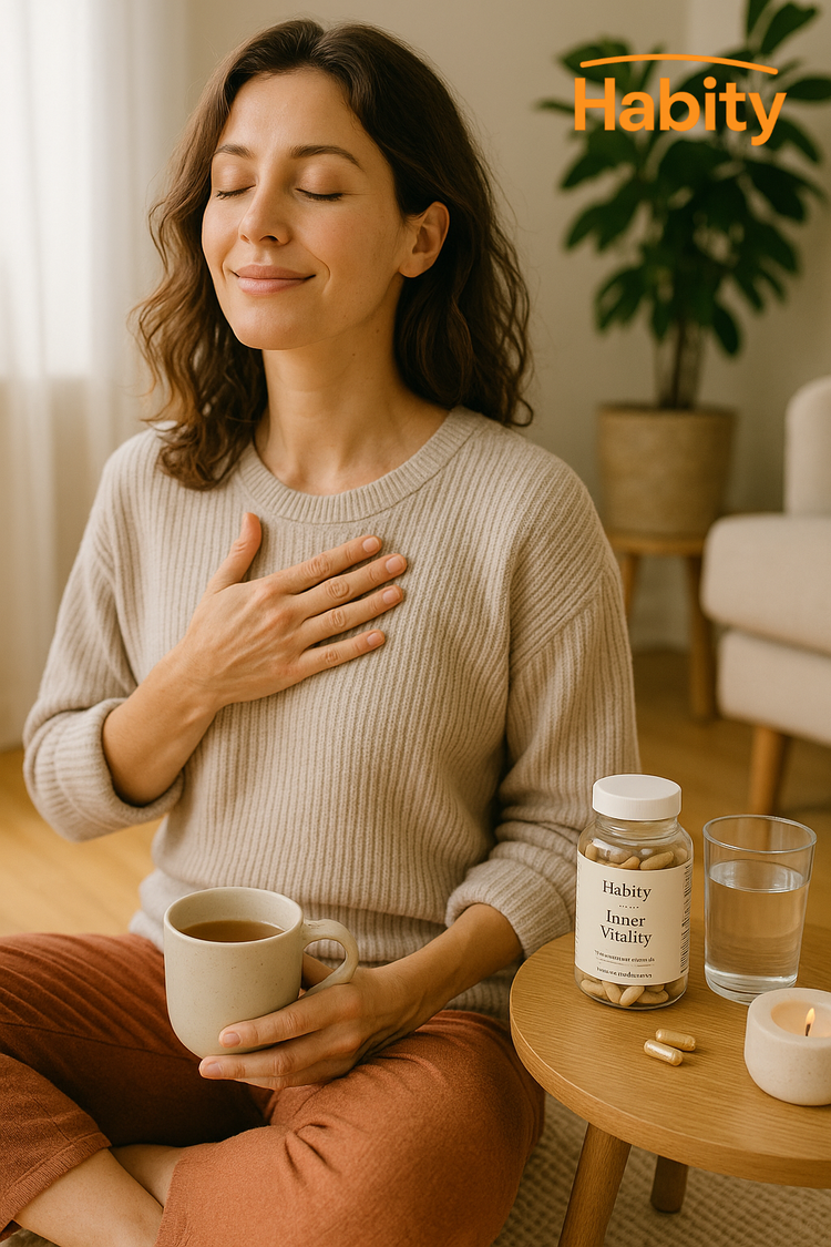 A woman sits peacefully in a sunlit room, placing her hand over her heart while holding a cup of tea, with Habity Inner Vitality supplements, a candle, and a glass of water nearby—capturing a mindful morning energy ritual.