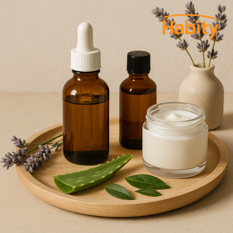 Habity natural skin care essentials lifestyle image with unlabeled glass serum bottles, natural oils, cream jar, lavender, aloe vera, and green tea leaves on wooden tray