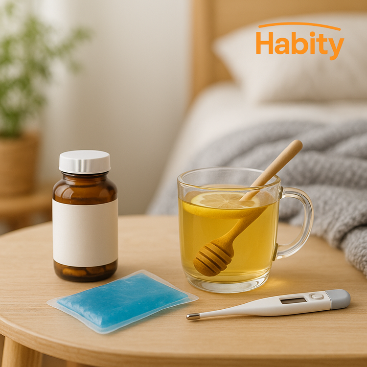 Habity pain relievers and fever care lifestyle image with herbal supplements, lemon herbal tea, cooling gel pack, and thermometer on bedside table in natural light