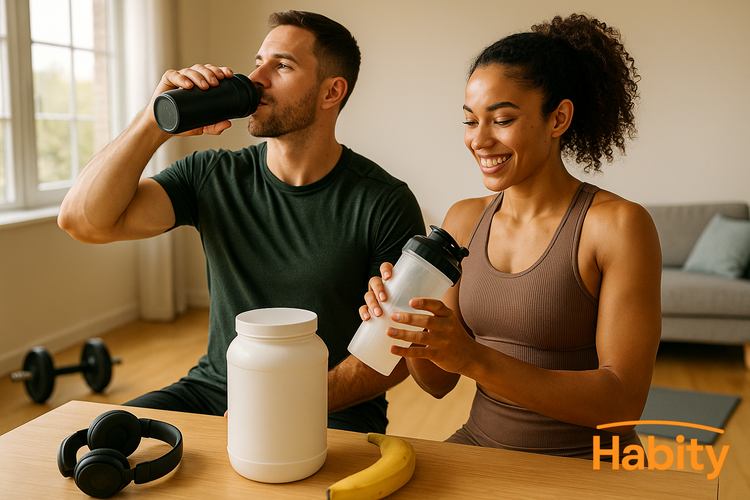 Habity pre-workout and energy lifestyle image with athletes preparing for a workout in sunlit studio, shaker bottle and supplement container on table
