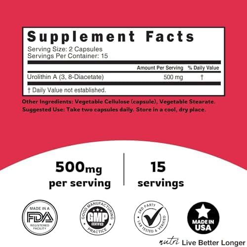 Nutri Urolithin A Supplement 500mg 3rd Party 500 mg 30 Vegan 2 Week+