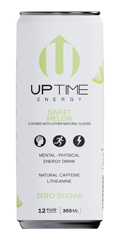UPTIME Energy Drink, Sweet Summer Melon Sparkling, 12 Pack, Vitamin C, L Theanine, Calcium, Sugar Free Energy Drinks for Focus Support, 142mg of Natural Caffeine, 5 Calories, Natural, 12 fl oz Cans
