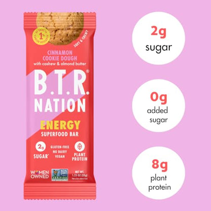 B.T.R. Bar Superfood Keto Protein Bars, Plant Based Vegan Protein, Low Carb, Low Calorie, Gluten Free, No Sugar Alcohols, Boosted with Superfoods - (12 Pack) (Cinnamon Cookie Dough ENERGY)