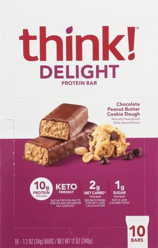 think! Delight, Keto Protein Bars, Healthy Low Carb, Gluten Free Snack - Chocolate Peanut Butter Cookie Dough, 10 Count (Packaging May Vary) (Pack of 2)