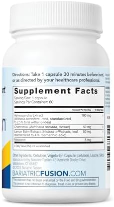 Bariatric Fusion Sleep Support | Vegan Sleep Supplement with Melatonin and Ashwagandha | Bariatric Vitamin for Adults* | Gluten, Dairy and Soy Free | Non-GMO | 60 Capsules