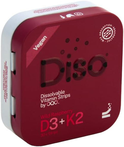 DISO - D3+K2 - Dissolvable Supplement Oral Strips, Wild Raspberry Flavor, Vegan, Sugar Free, Maximum Absorption, Gluten Free, Individually Wrapped, for Healthy Bones and Teeth, 30 Count