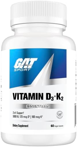 GAT SPORT Vitamin D3 K2, 5000 IU (125 mcg) Vitamin D, 60 Day Supply, Dietary Supplement for Bone, Teeth, Muscle and Immune Health Support, 60 Veggie Caps