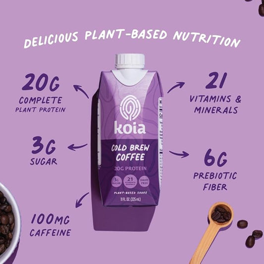 Koia - Plant Based Protein Shake - Cold Brew Coffee - 20g Protein, 3g Sugar, 6g Prebiotic Fiber, 21 Vitamins & Minerals - Dairy Free, Soy Free, Non GMO - Meal Replacement Drinks - 11 fl oz, 12 Bottles