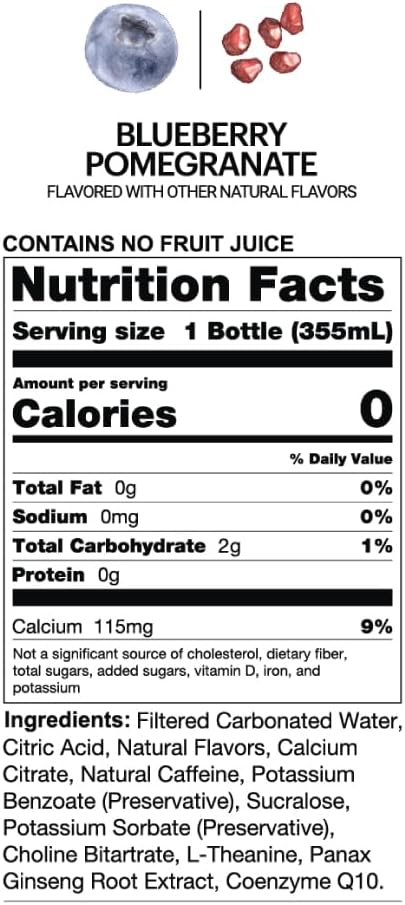 UPTIME Energy Drink, Blueberry Pomegranate, 12 Pack, Vitamin C, L Theanine, Calcium, Sugar Free Energy Drinks for Focus Support, 142mg of Natural Caffeine, 0 Calories, Clean, Natural, 12 fl oz Cans