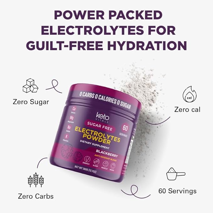 Keto Vitals Electrolytes Powder - Antioxidant Blend Keto Electrolytes Powder with Potassium, Magnesium, Sodium, & Calcium - No Sugar Electrolyte Drink Mix & Hydration Powder, 60 Servings, BlackBerry