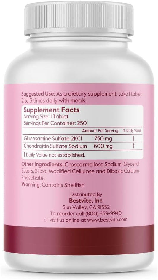 BESTVITE Glucosamine & Chondroitin Sulfate 750/600 (250 Tablets)