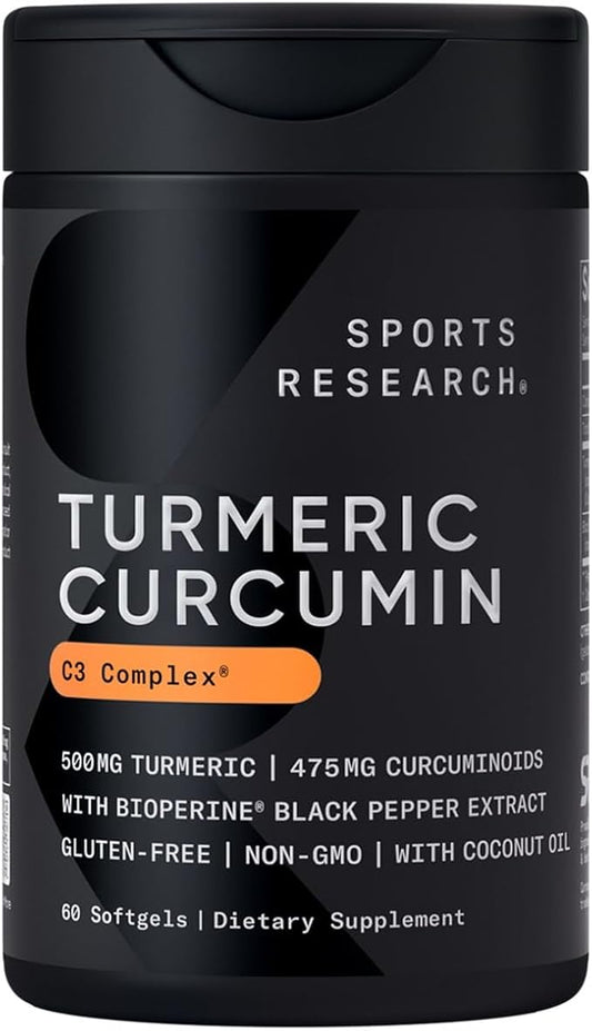 Sports Research Turmeric Curcumin C3 Complex - Softgels with Bioperine Black Pepper Extract & Organic Coconut Oil, Standardized 95% Curcuminoids - Non-GMO Verified & Gluten Free - 500mg, 60 Count