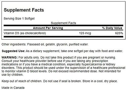 Swanson Vitamin D-3 5000 IU Bone D3 Supplement 125 mcg 250 Softgels