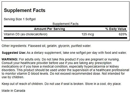 Swanson Vitamin D-3 5000 IU Bone D3 Supplement 125 mcg 250 Softgels