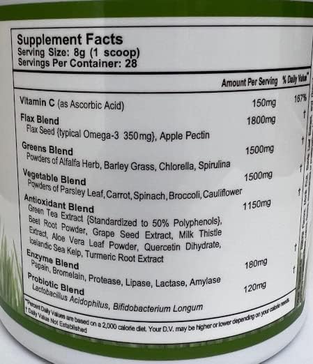 Super Omega Greens Complete Superfood Supplement with Greens, Vegetables, Flax, Fiber, Antioxidants, Enzymes, Probiotics, Vitamin C and Omega 3 - 7.9oz powder
