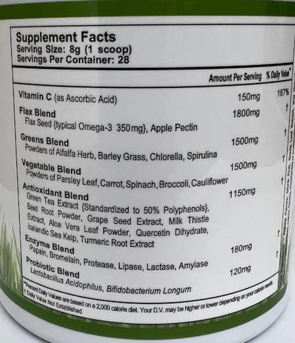 Super Omega Greens Complete Superfood Supplement with Greens, Vegetables, Flax, Fiber, Antioxidants, Enzymes, Probiotics, Vitamin C and Omega 3 - 7.9oz powder