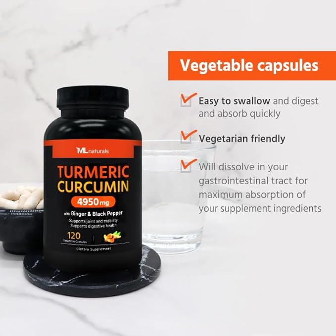 Extra Strength Turmeric Curcumin 4950 mg 120 Vegetable 95% Curcuminoids,