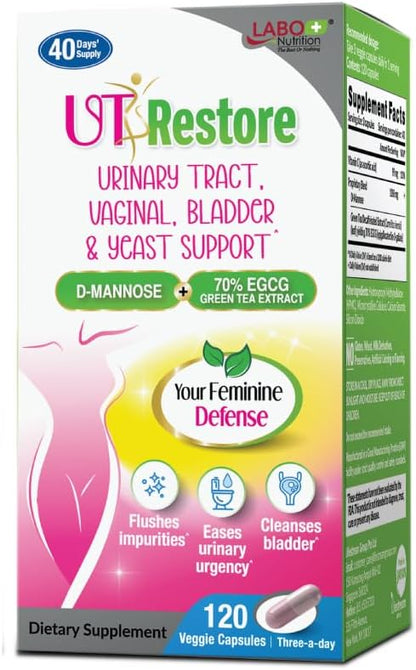 LABO Nutrition UTRestore D-Mannose & Green Tea Extract 70% EGCG, Urinary Tract Health for Women, Bladder Support with Vitamin C, 40 Days Supply, Vegan, Fast-Acting, Flush, Cleanse, Halal Certified