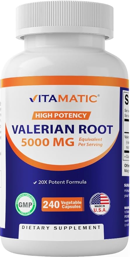 Vitamatic Valerian Root 5000 mg Equivalent 240 Capsules 20X Concentrated 20:1 250mg 250mg -