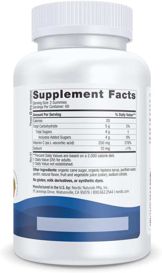 Nordic Naturals Vitamin C Gummies, Tart Tangerine 120 Gummies 250 mg 60 Servings