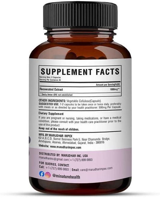 minature Resveratrol Extract Capsules supplements|500mg, 90 90 Veg 45 days 54g |