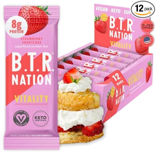 Vegan Superfood Protein Bars, by B.T.R. - Keto, Plant Based, and Gluten Free | 12 Bars | Low Carb, Sugar Alcohol Free, & Boosted with Powerful Superfood! (Strawberry Shortcake VITALITY)