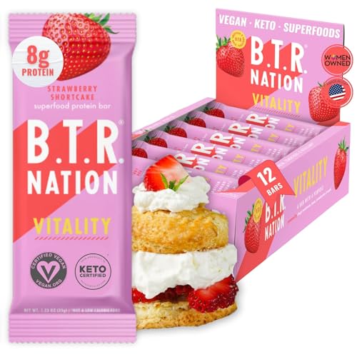 Vegan Superfood Protein Bars, by B.T.R. - Keto, Plant Based, and Gluten Free | 12 Bars | Low Carb, Sugar Alcohol Free, & Boosted with Powerful Superfood! (Strawberry Shortcake VITALITY)