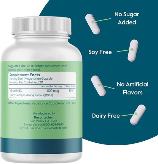 BESTVITE Vitamin K2 100 mcg as MK-7 w/Patented K2VITAL (120 (120 Vegetarian