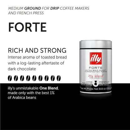 illy Drip Coffee - Ground Coffee - 100% Arabica Ground Coffee – Forte Extra Dark Roast - Notes of Dark Chocolate & Toasted Bread Aroma - No Preservatives – Rich & Strong – 8.8 Ounce, 6 Pack