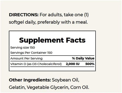 Nature's Bounty Vitamin D, Supports Immune 2000IU Vitamin D3, 150 150 Softgels ,150 Count 1)