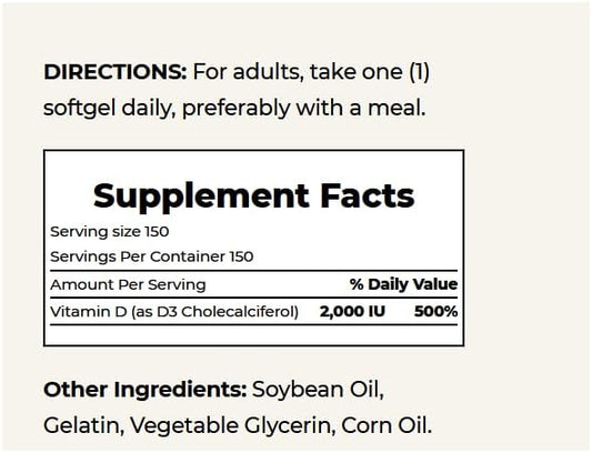 Nature's Bounty Vitamin D, Supports Immune 2000IU Vitamin D3, 150 150 Softgels ,150 Count 1)
