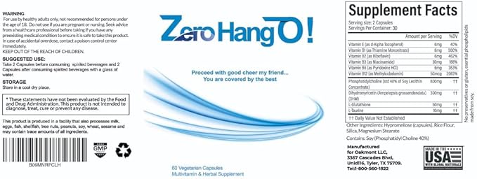 ZeroHangO!- 120 Caps. Hangover Pills