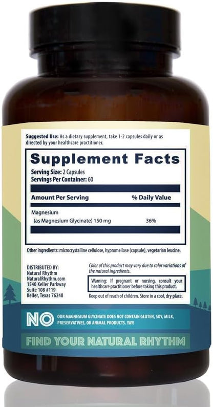 Magnesium Glycinate 150mg Natural Rhythm High Absorption Elemental Magnesium 120 Capsules