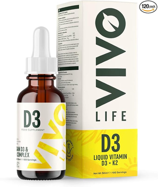 Vivo Life - Vitamin D3 K2, 50ml Liquid Complex Drops, 2000iu of D3, Vegan Health Supplement for Men and Women, 100 Servings