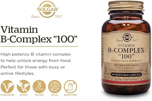 Solgar B-Complex "100", 250 Vegetable Capsules - Heart Health - Nervous System- Supports Energy Metabolism - Non-GMO, Vegan, Gluten / Dairy Free, Kosher, Halal - 250 Servings