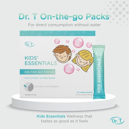 Dr. T On-The-Go Kids Essentials Packs – Direct-to-Mouth Powder – Essential Vitamins & Minerals, Smooth & Tasty, Supports Growth & Development – 30 Convenient Single-Serve Packs
