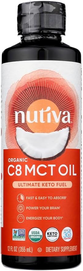 Nutiva Organic C8 MCT Oil, Ultimate Keto Fuel from Non-GMO Coconuts, 14g MCT 12 Fl Oz, USDA Organic, Whole 30, Vegan & Gluten-Free, Energy Boost to Coffee, Shakes and Salads