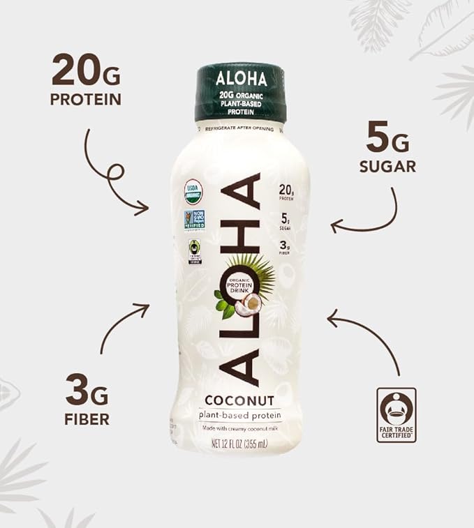 ALOHA Organic Plant Based Coconut Protein Shake w/MCT Oil (12 ct, 12oz Bottle) 20g Protein, Meal Replacement, Low Sugar & Carb, Gluten-Free, Paleo, Non-GMO, No Soy, Stevia or Sugar Alcohol…