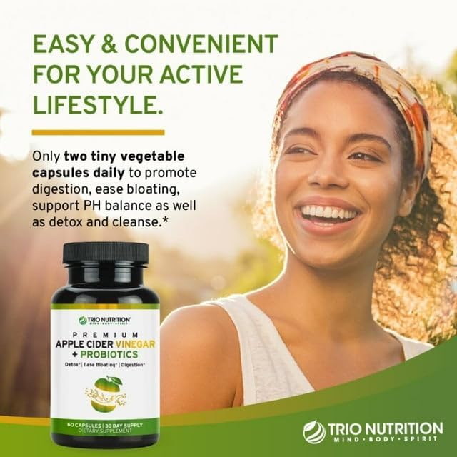 TRIO NUTRITION Apple Cider Vinegar Capsules with Multi-Strain Probiotics - Natural Sugar Free ACV Capsules with The Mother for Gut Health, Immunity, Body Cleanse & Healthy pH*