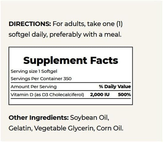 Nature's Bounty Vitamin D, Immune Support, 2000 IU, 50 mcg, 350 Ct