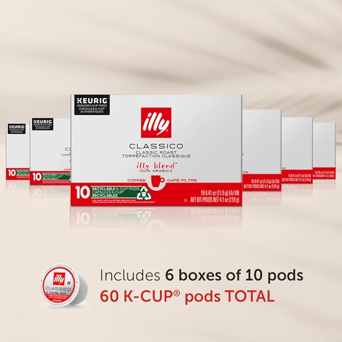 Illy Coffee K Cups - Coffee Pods For Keurig Coffee Maker – Classico Roast - Caramel, Orange Blossom & Jasmine - Mild, Flavorful & Balanced Flavor Pods of Coffee - No Preservatives – 10 Count, 6 Pack