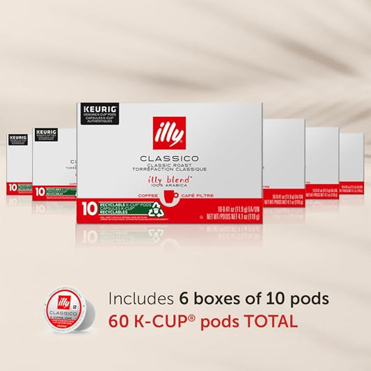 Illy Coffee K Cups - Coffee Pods For Keurig Coffee Maker – Classico Roast - Caramel, Orange Blossom & Jasmine - Mild, Flavorful & Balanced Flavor Pods of Coffee - No Preservatives – 10 Count, 6 Pack