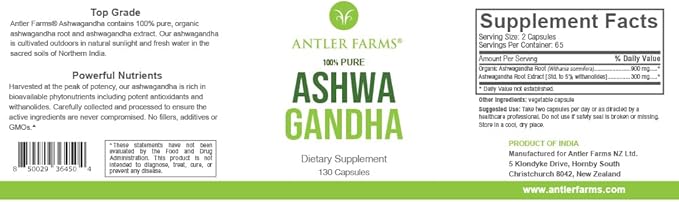 Antler Farms - 100% Pure Organic 130 Capsules, 1200mg – 5% withanolides,