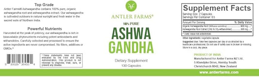 Antler Farms - 100% Pure Organic 130 Capsules, 1200mg – 5% withanolides,