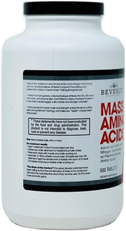 Beverly International Mass Amino Acids, 500 Tabs. Use Pre-Post Workout, with Meals, Essential for Muscle Recovery and Repair. Complete Amino Acid Profile