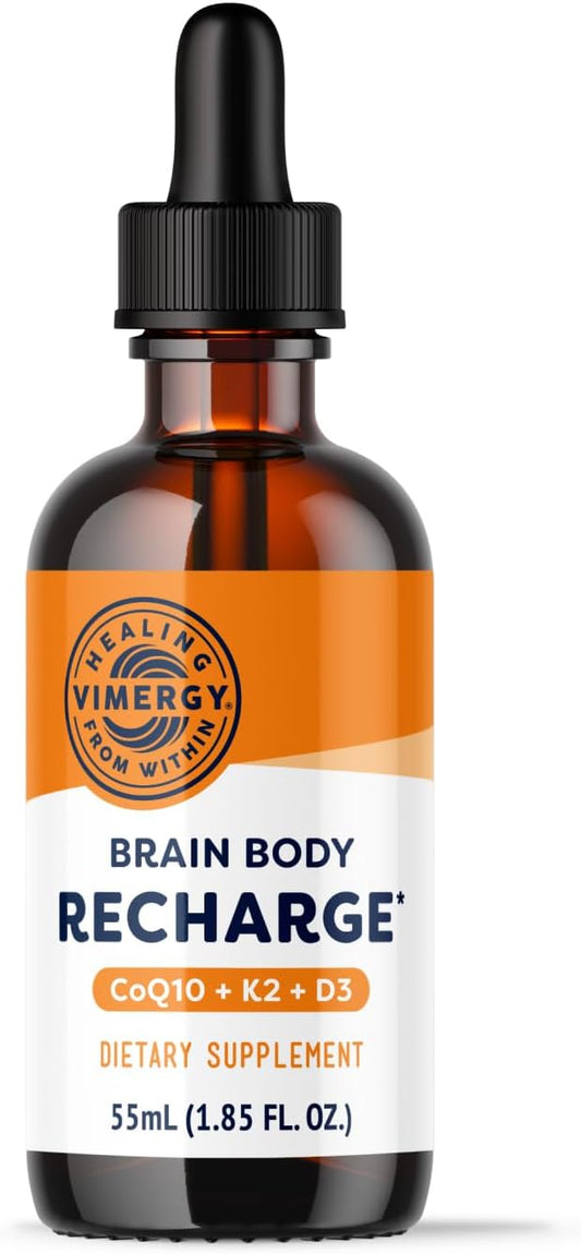 Vimergy Brain Body Recharge - Liquid Coq10 with Vitamin D3 & K2 (Coenzyme Q10 45mg, D3 1000IU, K2 180mcg) Co q 10 Supplement for Women, Men & Kids - Fights Fatigue – 55mL