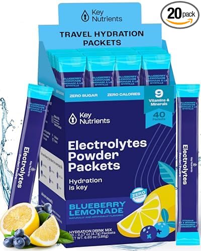 KEY NUTRIENTS Multivitamin Electrolytes Powder Packets - Delicious Blueberry Lemonade 40 Pack Hydration Packets - Travel Hydration Powder - No Sugar, No Calories, Gluten Free - Made in USA