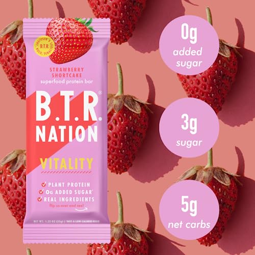 Vegan Superfood Protein Bars, by B.T.R. - Keto, Plant Based, and Gluten Free | 12 Bars | Low Carb, Sugar Alcohol Free, & Boosted with Powerful Superfood! (Strawberry Shortcake VITALITY)